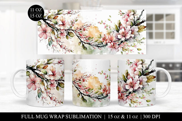 Cherry Blossom Mug Sublimation Design - Floral Mug Wrap PNG Sublimation BijouBay 