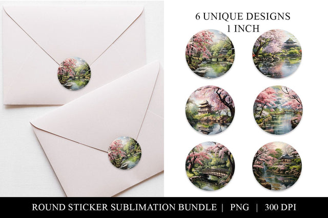 Cherry Blossom Printable Stickers, Round Pink Sakura Bundle Sublimation BijouBay 
