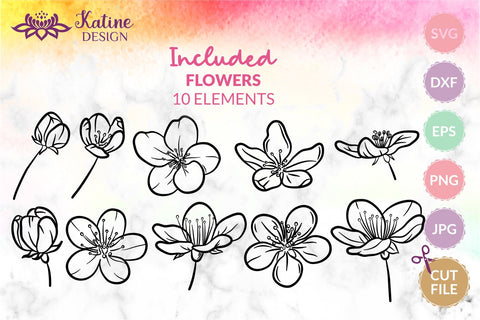 Cherry Blossom SVG, Cherry Blossom PNG, Spring Flowers SVG, Sakura SVG, Sakura Flower PNG, Hand Drawn Floral, Line Art Flowers, Flower Line Art, Floral SVG Bundle, Flower Bundle SVG, SVG Files for Cricut SVG KatineDesign 