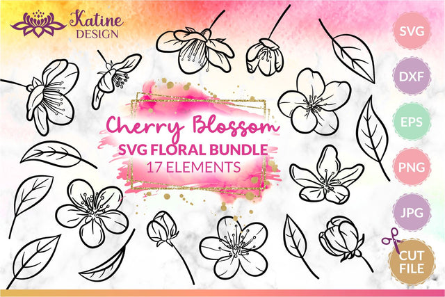 Cherry Blossom SVG, Cherry Blossom PNG, Spring Flowers SVG, Sakura SVG, Sakura Flower PNG, Hand Drawn Floral, Line Art Flowers, Flower Line Art, Floral SVG Bundle, Flower Bundle SVG, SVG Files for Cricut SVG KatineDesign 