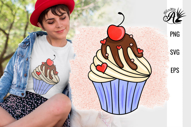 Cherry on Top with Hearts Valentines Cupcake SVG, PNG Sublimation Angel on Empire 