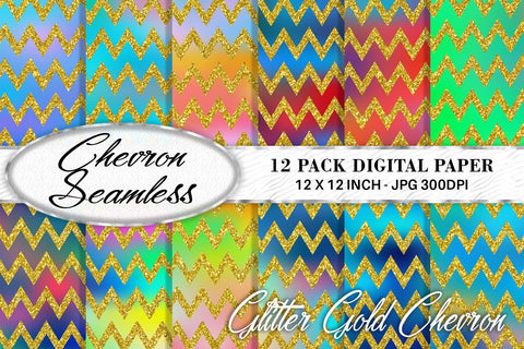 chevron gold glitter pattern digital paper on gradient rainbow color background Digital Pattern artnoy 