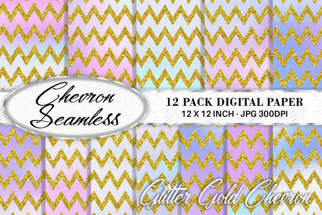 chevron gold glitter pattern digital paper on gradient unicorn color background Digital Pattern artnoy 