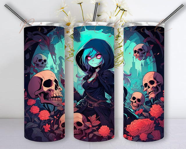 Chibi Goth Girl 20oz Skinny Tumbler Png, Anime Skulls Tumbler, Spooky Tumbler, Sublimation Wrap Instant Digital Download Png Sublimation PixelChick 