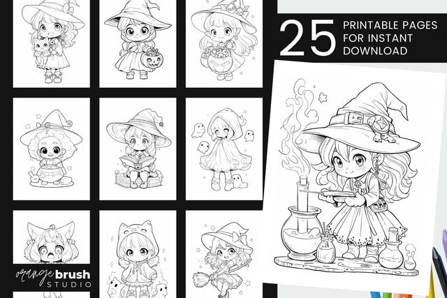 Chibi Witch Halloween Coloring Book For Kids Sublimation OrangeBrushStudio 