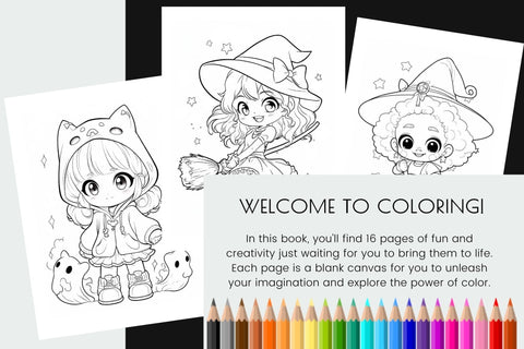 Chibi Witch Halloween Coloring Book For Kids Sublimation OrangeBrushStudio 