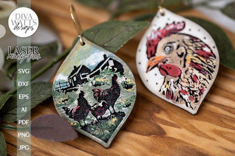 Chickens In Barnyard Earrings Glowforge SVG Laser Cutting File For Chicken Earrings Farm Earrings for Glowforge Cute Chicken Earrings SVG SVG Diva Watts Designs 