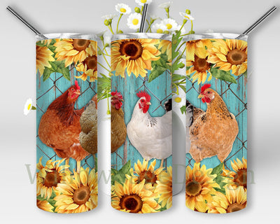 Chickens Sunflowers 20 oz Skinny Tumbler Sublimation Design PNG Digital Download. Sublimation WillowSageDesign 