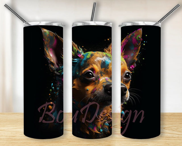 Chihuahua Black Background 20oz Skinny Tumbler Png, Cute Chihuahua Tumbler, Vibrant Colors, Dog Lover, Neon Rainbow Cute Chihuahua Tumbler, Instant Download Sublimation BouDesign 