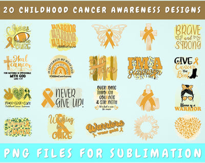 Childhood Cancer Awareness Sublimation Designs Bundle, 20 Designs, Childhood Cancer Warrior PNG Files, Gold Ribbon PNG Files Sublimation HappyDesignStudio 