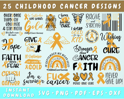 Childhood Cancer Awareness SVG Bundle, 25 Designs, Gold Cancer Ribbon SVG, Childhood Cancer SVG Cut Files SVG HappyDesignStudio 