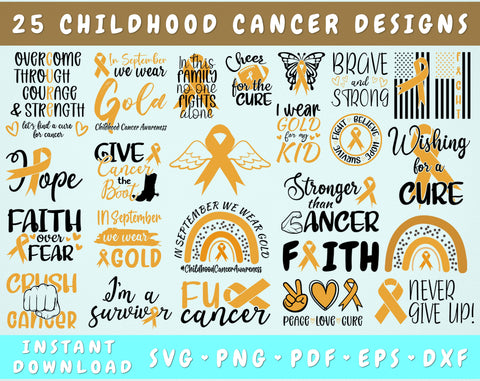 Childhood Cancer Awareness SVG Bundle, 25 Designs, Gold Cancer Ribbon SVG, Childhood Cancer SVG Cut Files SVG HappyDesignStudio 