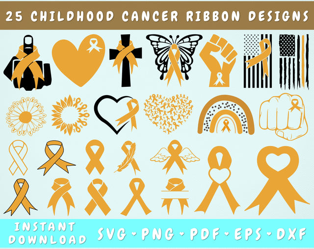 Childhood Cancer Ribbon SVG Bundle, 25 Designs, Childhood Cancer Clipart, Gold Cancer Ribbon SVG, Childhood Cancer PNG Files, Childhood Cancer Sunflower SVG SVG HappyDesignStudio 