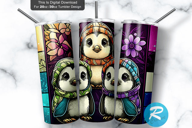 Children Baby Penguins Stained Glass 20 oz / 30 oz Tumbler PNG Sublimation Regulrcrative 