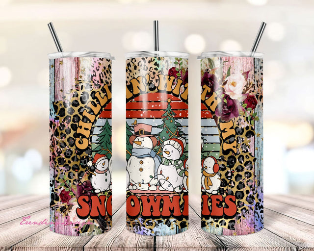 Chillin With My Snowmies Wrap 20oz Skinny Tumbler Sublimation Snowman Happy Nature Winter Christmas Tree Designs, Christmas Tumbler Wrap Sublimation TrendingDesign 