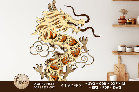 CHINESE DRAGON Multilayer Laser Cut Files, Mandala, 3D Designs, Paper Craft, Wood Craft SVG LaserCutano 