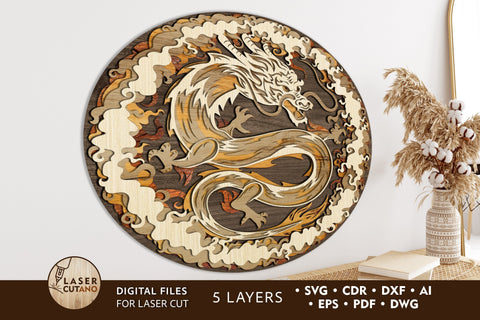 CHINESE DRAGON Multilayer Laser Cut Files, Mandala, Round Sign SVG, 3D Designs, Paper Cut SVG LaserCutano 