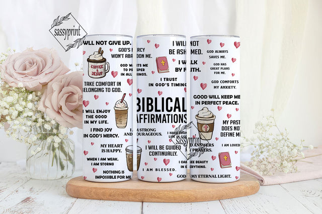Christian 20 oz Skinny Tumbler Sublimation and Frosted glass Biblical Affirmations Christian Coffee Lover Bible Wrap Inspirational Tumbler png Sublimation sassyprint 
