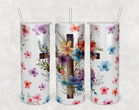 Christian Cross Tumbler Wraps Bundle, 20 Oz Skinny Tumbler Floral Cross Sublimation Designs, Seamless Cross With Flowers PNG, 5 Designs Sublimation HappyDesignStudio 