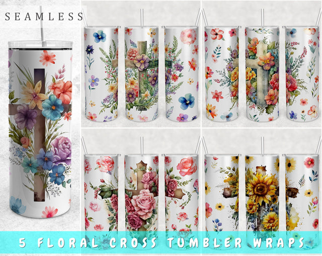 Christian Cross Tumbler Wraps Bundle, 20 Oz Skinny Tumbler Floral Cross Sublimation Designs, Seamless Cross With Flowers PNG, 5 Designs Sublimation HappyDesignStudio 
