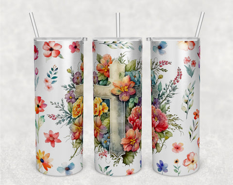 Christian Cross Tumbler Wraps Bundle, 20 Oz Skinny Tumbler Floral Cross Sublimation Designs, Seamless Cross With Flowers PNG, 5 Designs Sublimation HappyDesignStudio 