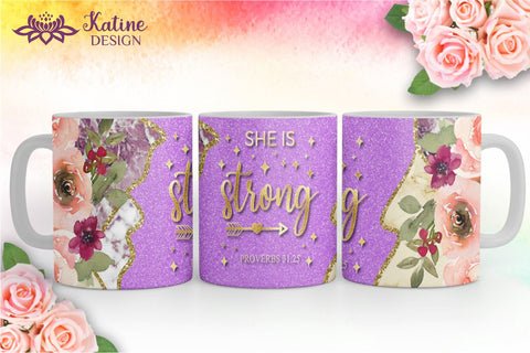Christian Mug, She is Strong, Bible Verse Mug, Inspirational Mug, Jesus Cup, Mug With Bible Verse, Inspirational Mug Wrap, Coffee Mug Bible Verse, Bible Verse PNG, Mug Wrap Sublimation Designs, Scripture Mug SVG KatineDesign 