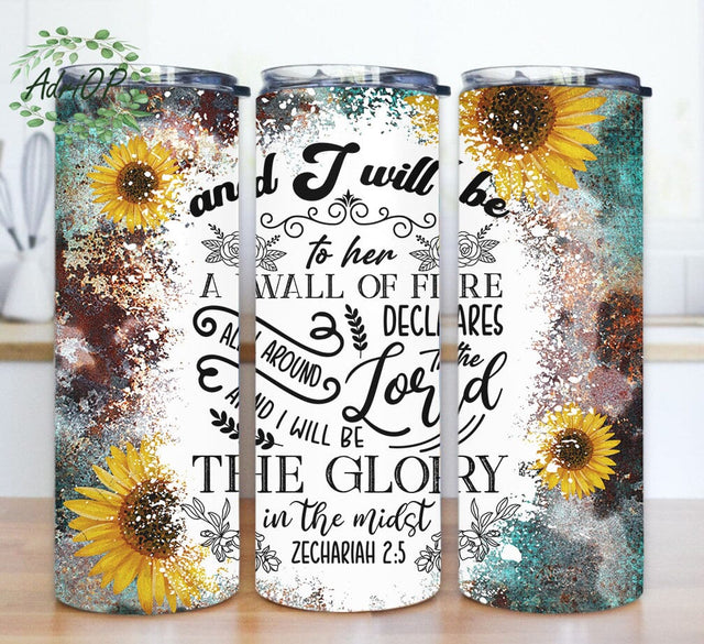 Christian Quote Tumbler Design, Zechariah 2:5 Tumbler Wrap, Religious 20oz Skinny Tumbler, Western Sunflower Tumbler Png, Digital Download Sublimation AdriOP 