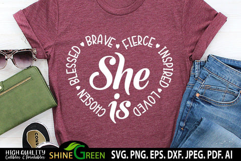 Christian Quotes SVG - She is Chosen Blessed Brave Loved SVG SVG Shine Green Art 