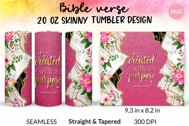 Christian Tumbler Created with a purpose, Bible verse Tumbler, religious tumbler, faith tumbler, jesus tumbler, Tumbler Sublimation Wrap Design for 20 oz Skinny Tumbler Straight and Tapered PNG Sublimation KatineDesign 