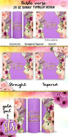 Christian Tumbler, She is strong, Bible verse Tumbler, religious tumbler, faith tumbler, jesus tumbler, Tumbler Sublimation Wrap Design for 20 oz Skinny Tumbler Straight and Tapered PNG Sublimation KatineDesign 