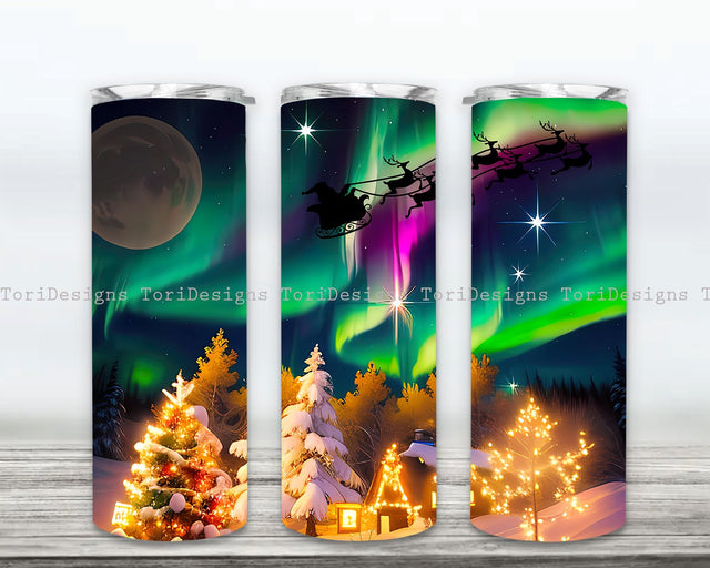 Christmas 20oz Skinny Tumbler Design, Northern Lights Tumbler Santa Reindeer Christmas Trees Sublimation Sublimation ToriDesigns 