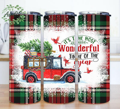 Christmas 20oz Skinny Tumbler, It's The Most Wonderful Time Of The Year Design Png, Christmas Plaid Tumbler Wrap, Xmas Truck Christmas Tree Tumbler Png, Instant Download Sublimation AdriOP 