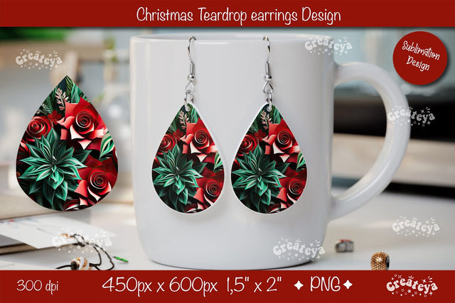 Christmas 3D teardrop earrings sublimation 3D flower sublimation png Sublimation Createya Design 
