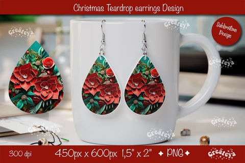 Christmas 3D teardrop earrings sublimation 3D flower sublimation png Sublimation Createya Design 