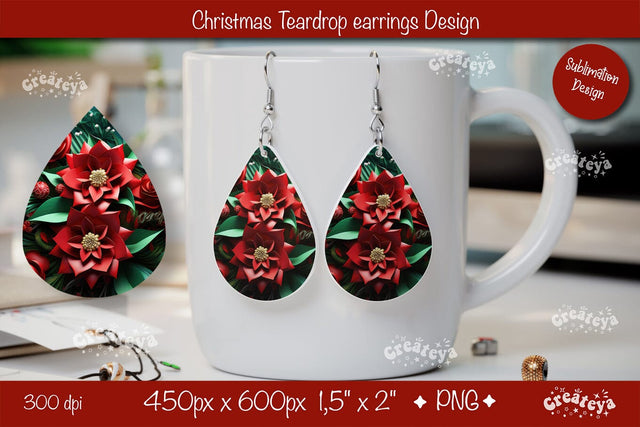 Christmas 3D teardrop earrings sublimation 3D flower sublimation png Sublimation Createya Design 