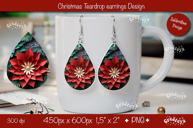 Christmas 3D teardrop earrings sublimation 3D flower sublimation png Sublimation Createya Design 