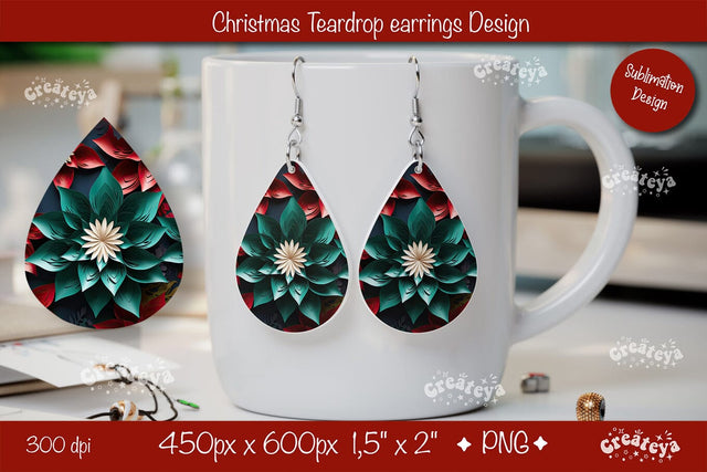 Christmas 3D teardrop earrings sublimation 3D flower sublimation png Sublimation Createya Design 