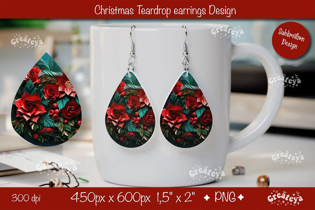 Christmas 3D teardrop earrings sublimation 3D flower sublimation png Sublimation Createya Design 