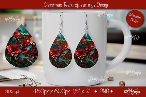 Christmas 3D teardrop earrings sublimation 3D flower sublimation png Sublimation Createya Design 