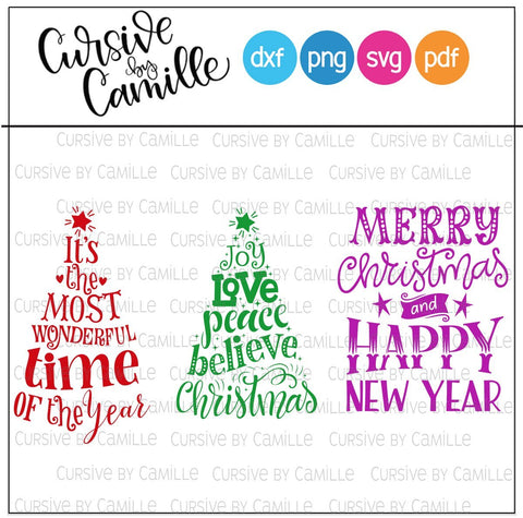 Christmas and New Year Typography Hand Lettered Cut File 3 Designs SVG Cursive by Camille 