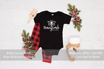 Christmas Baby Mockup, Baby Bodysuit, Bella Canvas Black 100B, Baby Mockup. Holiday Mockup Mock Up Photo Honeycomb Mockups 