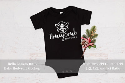 Christmas Baby Mockup, Bella Canvas Black 100B, Baby Bodysuit Mockup, Baby Mockup, Holiday Mockup Mock Up Photo Honeycomb Mockups 
