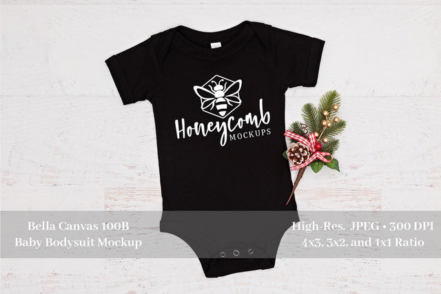 Christmas Baby Mockup, Bella Canvas Black 100B, Baby Bodysuit Mockup, Baby Mockup, Holiday Mockup Mock Up Photo Honeycomb Mockups 