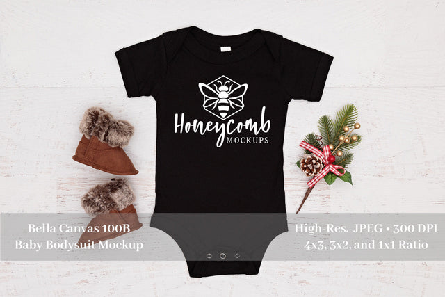 Christmas Baby Mockup, Black Bella Canvas 100B, Baby Bodysuit Mockup, Baby Mockup Mock Up Photo Honeycomb Mockups 