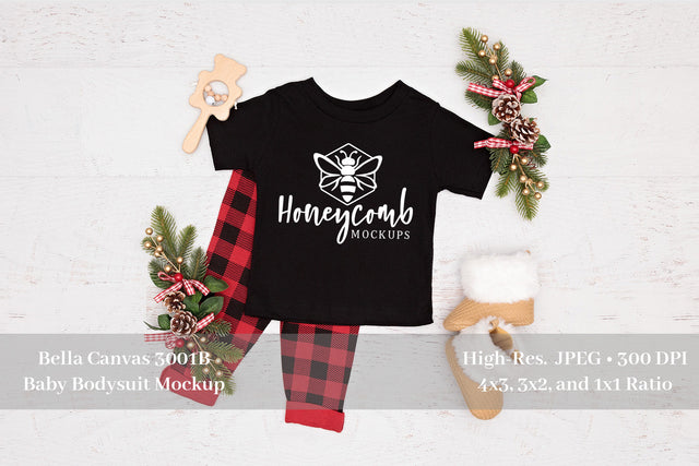 Christmas Baby Mockup, Black Bella Canvas 3001B, Baby Tee Mockup Mock Up Photo Honeycomb Mockups 