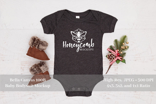 Christmas Baby Mockup, Heather Dark Grey Bella Canvas 100B, Baby Bodysuit Mockup Mock Up Photo Honeycomb Mockups 