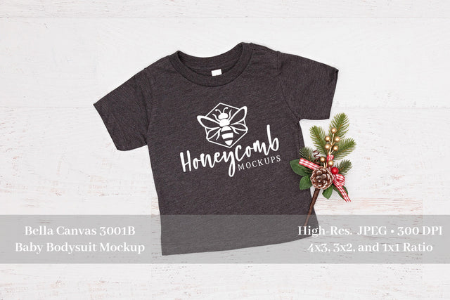 Christmas Baby Mockup, Heather Dark Grey Bella Canvas 3001B, Baby Tee Mockup Mock Up Photo Honeycomb Mockups 