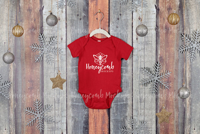 Christmas Baby Mockup, Red Rabbit Skins 4400 Mockup, Red Baby Bodysuit Mockup, Hanging Mockup, Baby One Piece Mockup Mock Up Photo Honeycomb Mockups 