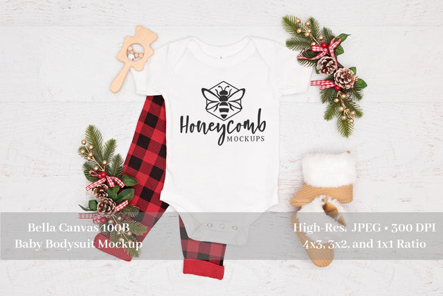 Christmas Baby Mockup, White Bella Canvas 100B Mockup, White Baby Bodysuit. Baby Mockup Mock Up Photo Honeycomb Mockups 