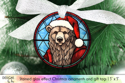 Christmas Bear Stained Glass Ornament Design Sublimation Designs by Ira 